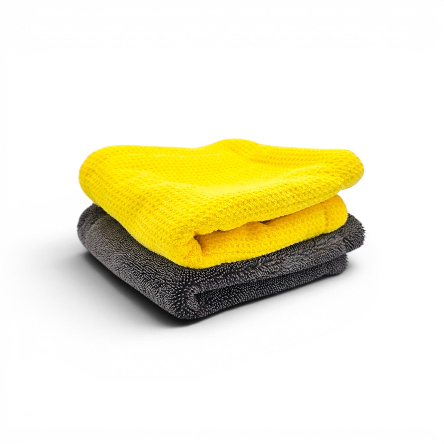 That Detail Shop TDS 1400 MF hybrid microfiber towel, yellow waffle weave top, grey twisted loop bottom. 14.5x14.5 inch.