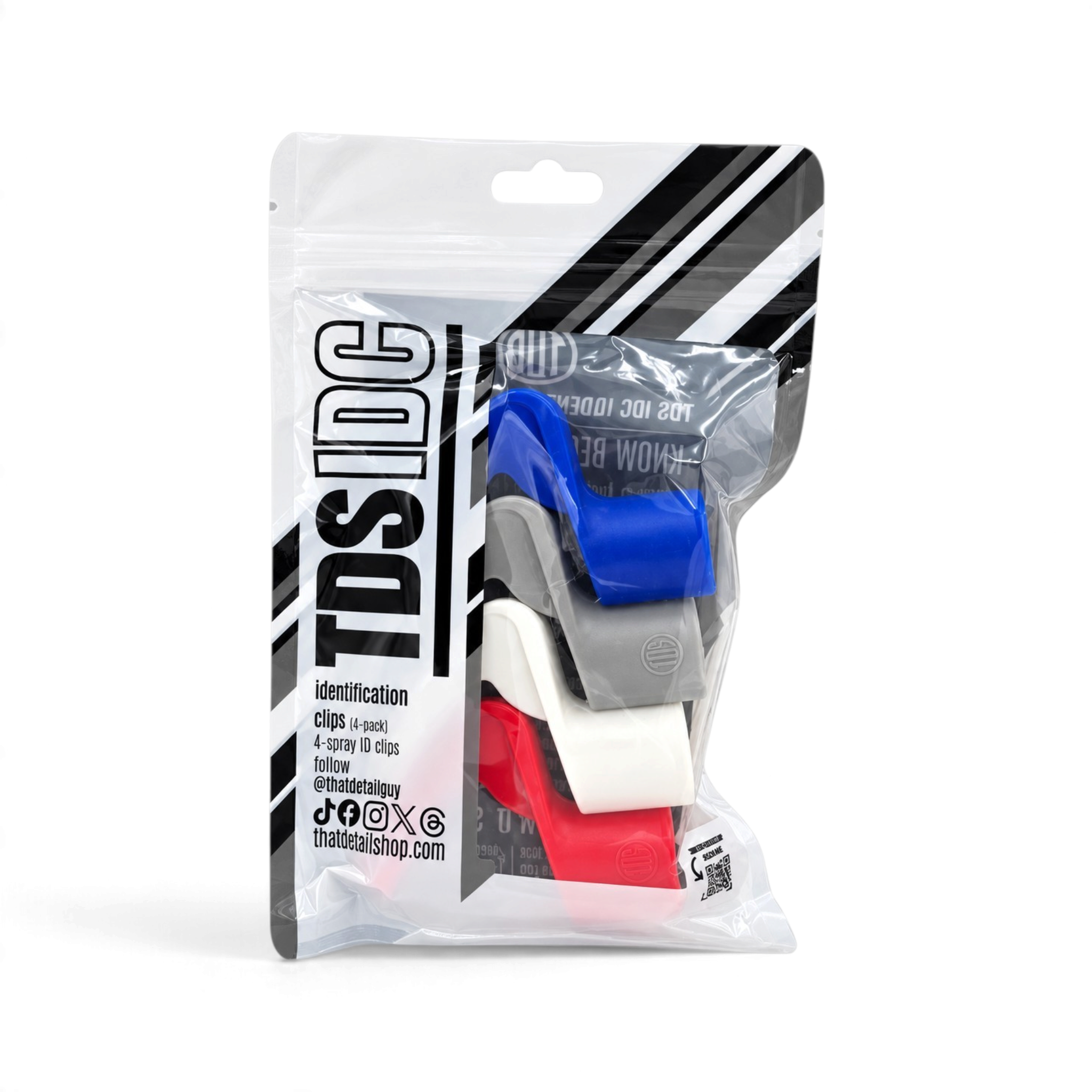 That Detail Shop TDS 360 IDC identification clips in a four-pack with blue, grey, white, and red color-coded markers.