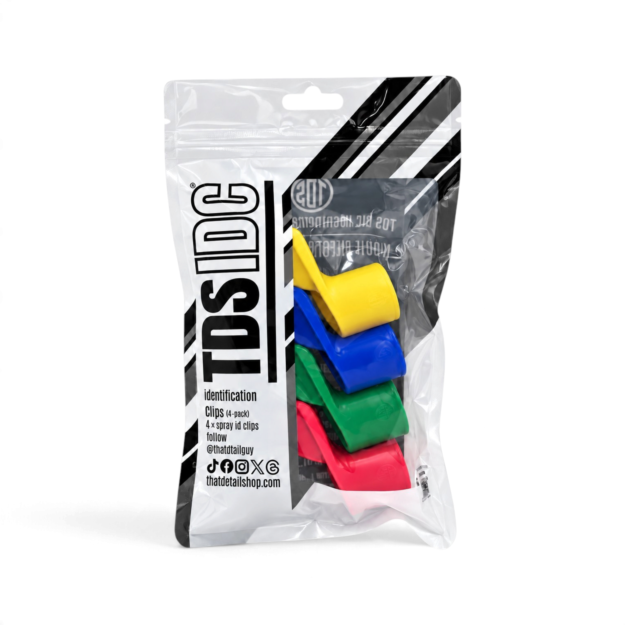 That Detail Shop TDS 360 IDC Identification Clips in a 4-pack of assorted red, green, blue, and yellow plastic clips.