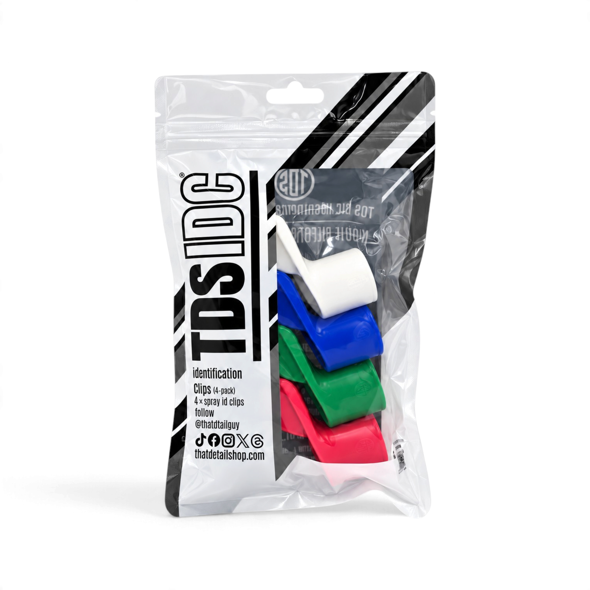 That Detail Shop TDS 360 IDC Identification Clips in a 4-pack, featuring red, green, blue, and white plastic clips.