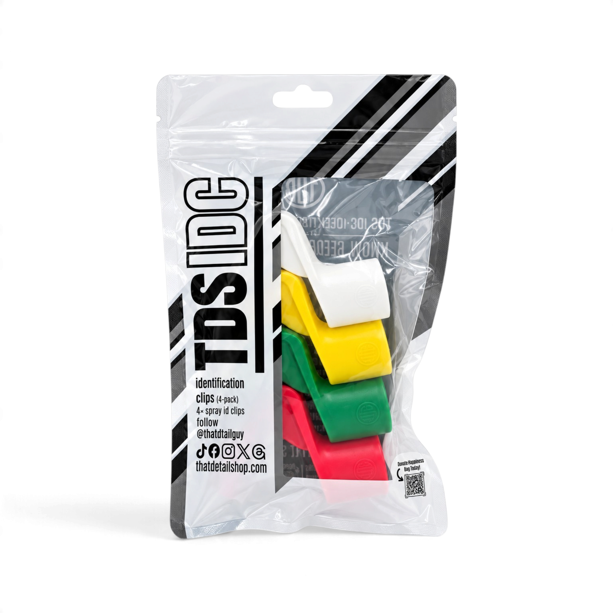 That Detail Shop TDS 360 IDC identification clips in a 4-pack of red, green, yellow, and white plastic spray tags.