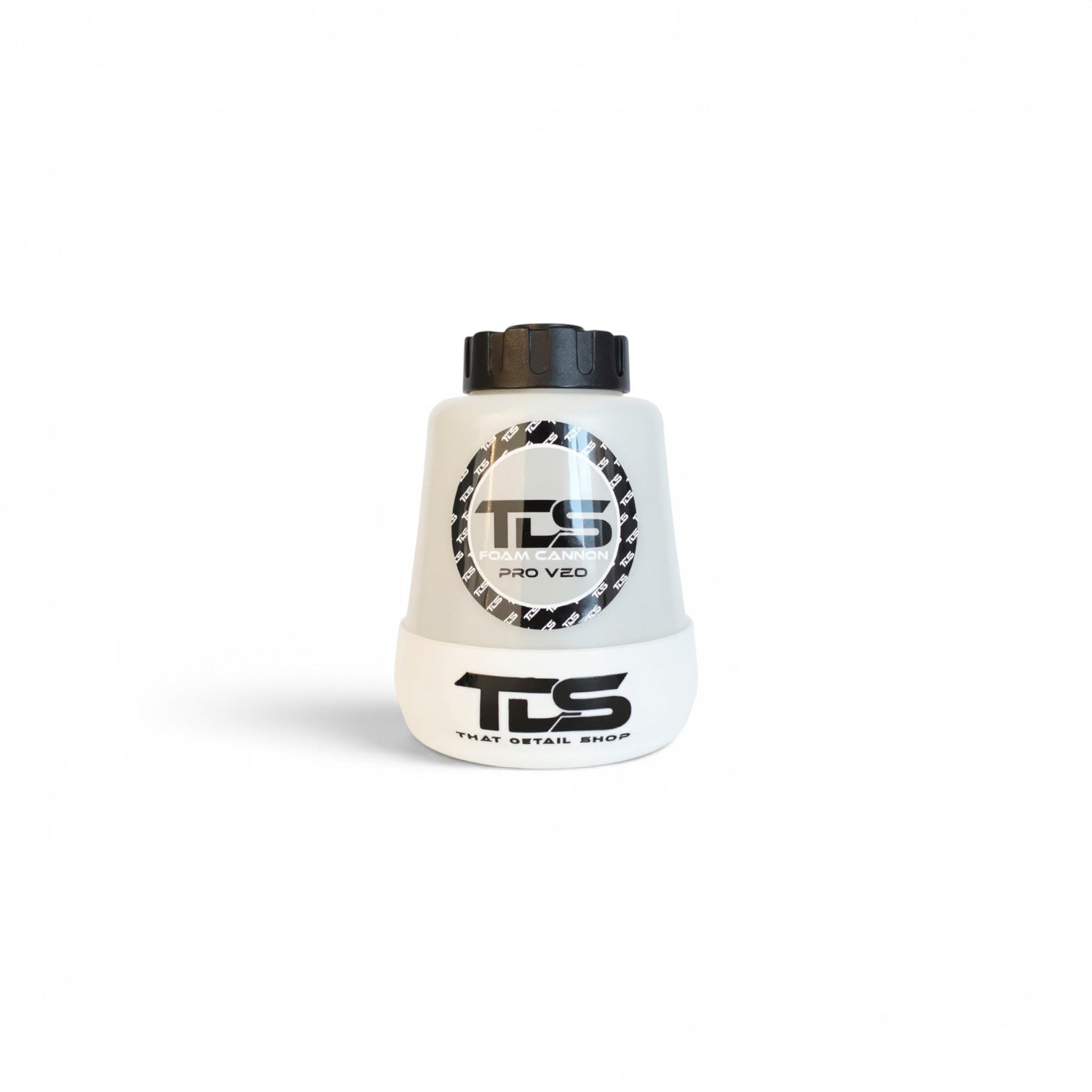 That Detail Shop TDS Foam Cannon Pro V2.0, white and grey plastic, with black adjustable nozzle and stable anti-tip base.
