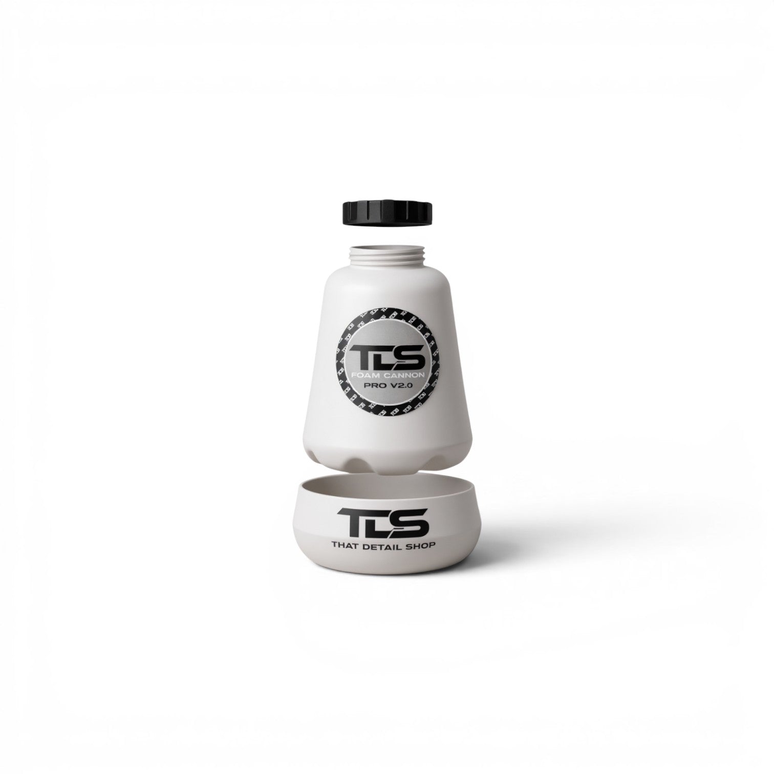 That Detail Shop TDS Foam Cannon Pro V2.0, white plastic bottle with black cap and base, for car washing.
