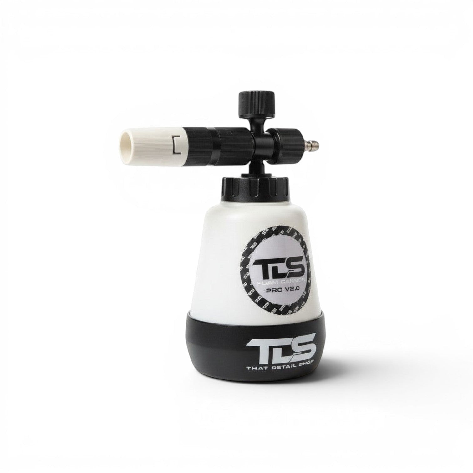 That Detail Shop TDS Pro V2.0 foam cannon with a 32 oz anti-tip white bottle and black accents.
