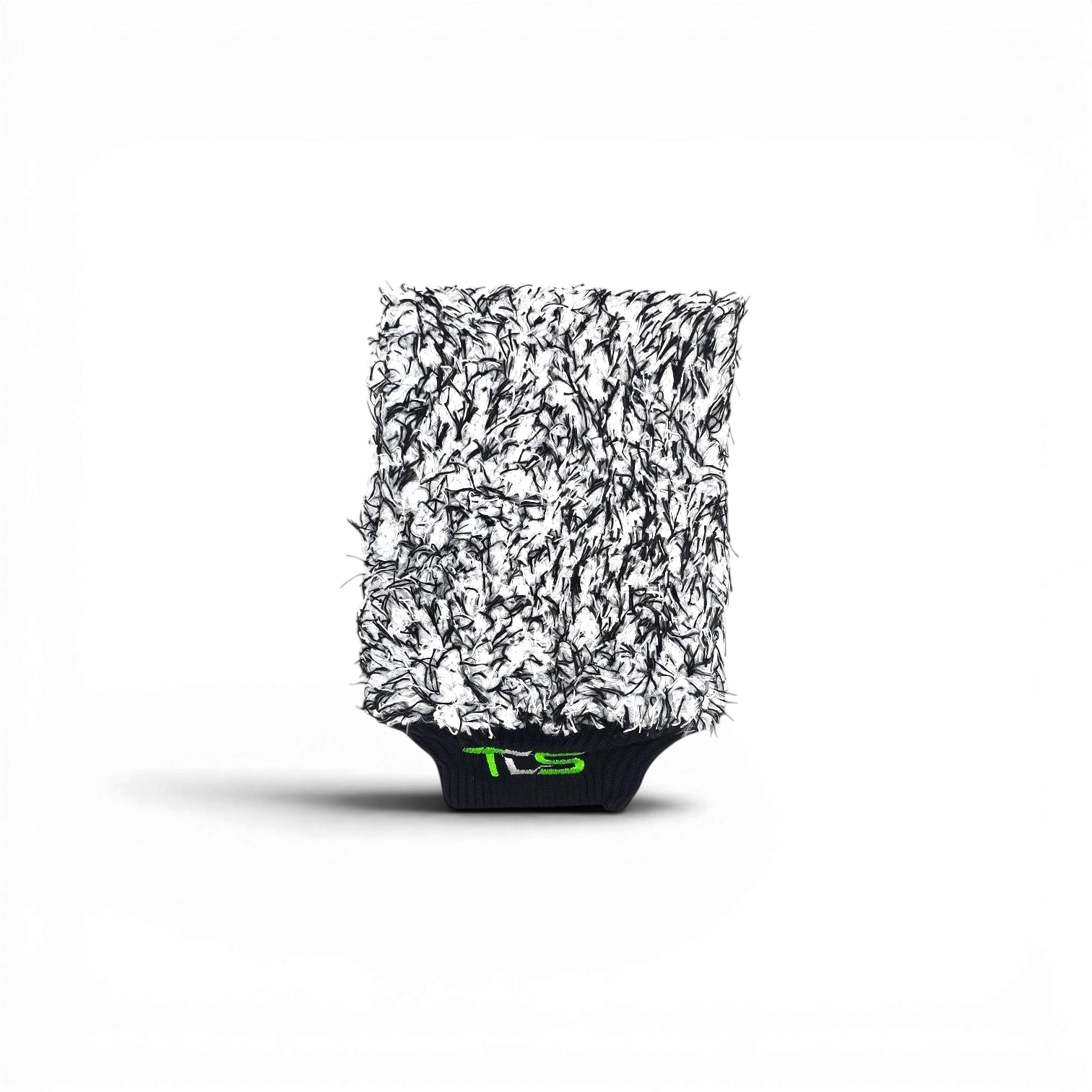 That Detail Shop TDS Wash Mitt with black and white microfiber strands and a green logo on the cuff