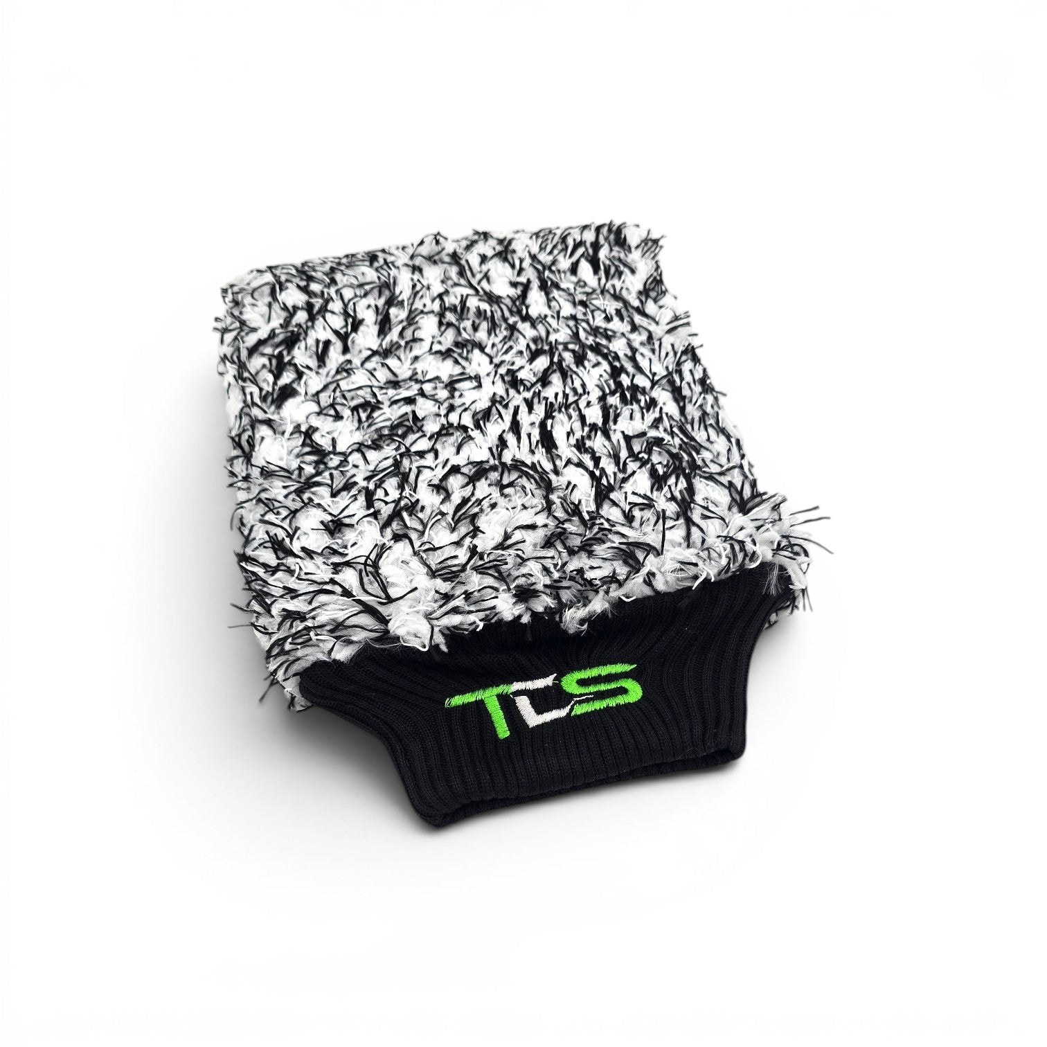That Detail Shop wash mitt, black and white high-pile microfiber with black elastic cuff and green logo.