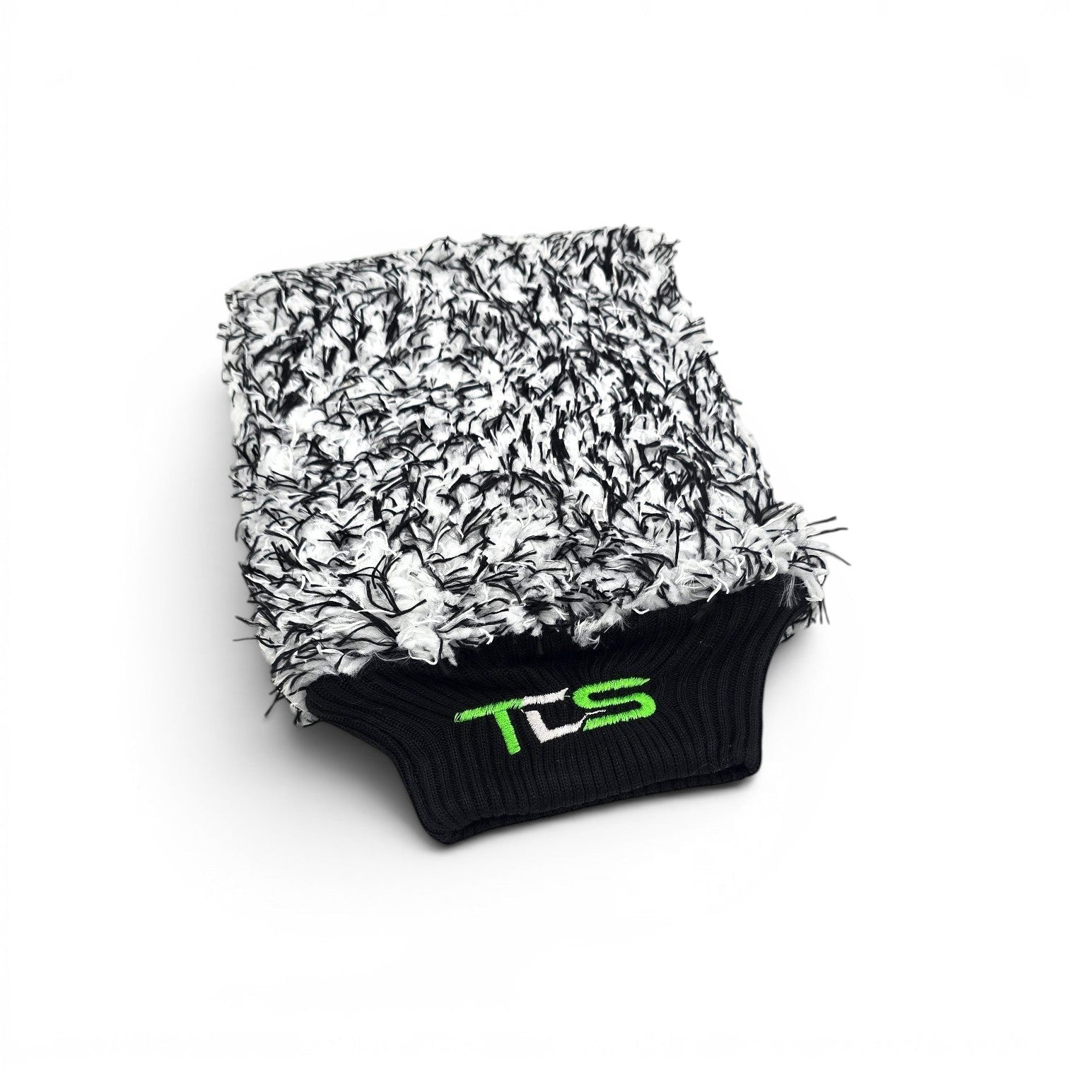 That Detail Shop wash mitt, black and white high-pile microfiber with black elastic cuff and green logo.