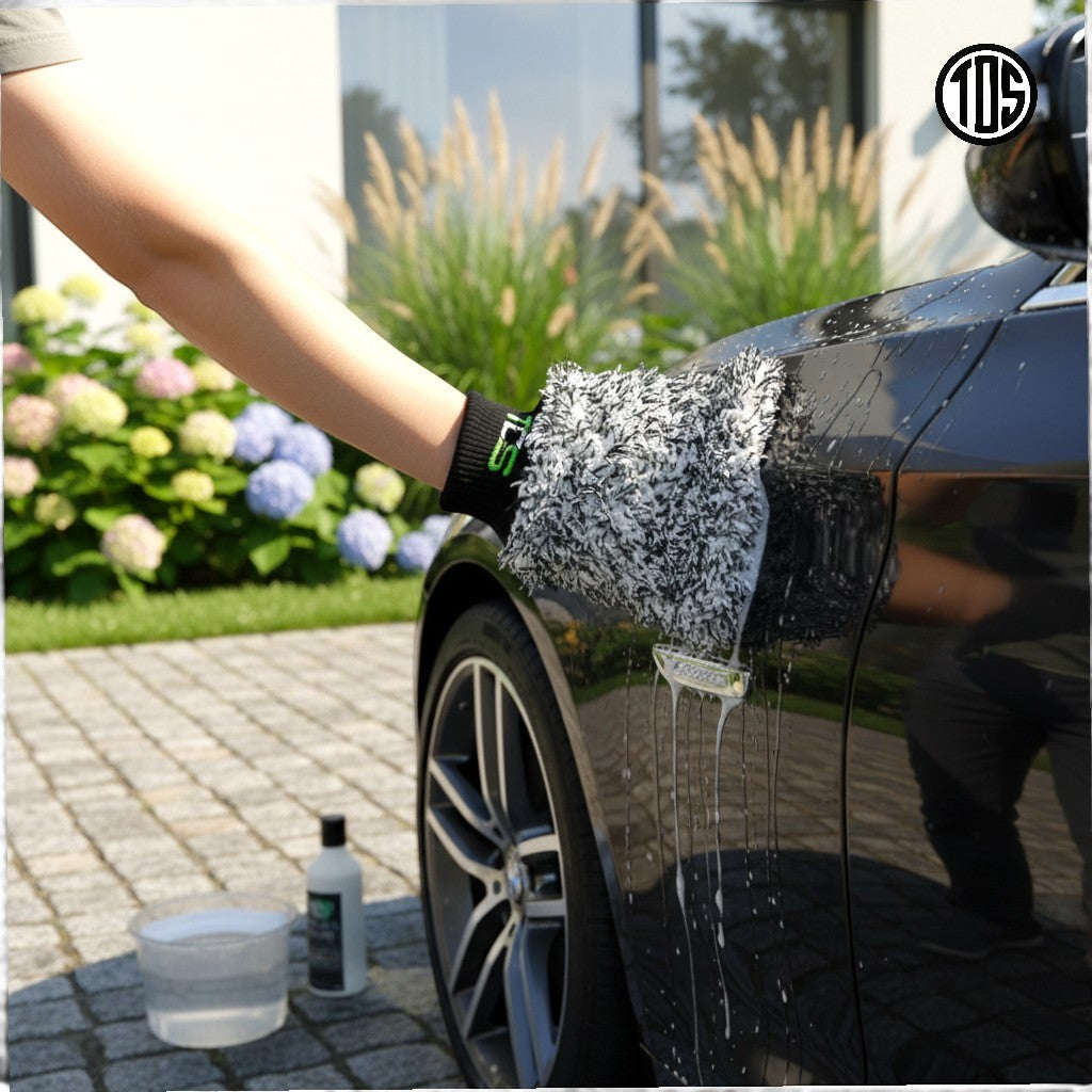 That Detail Shop wash mitt, high-pile microfiber, black and white with green accents, used for car washing.