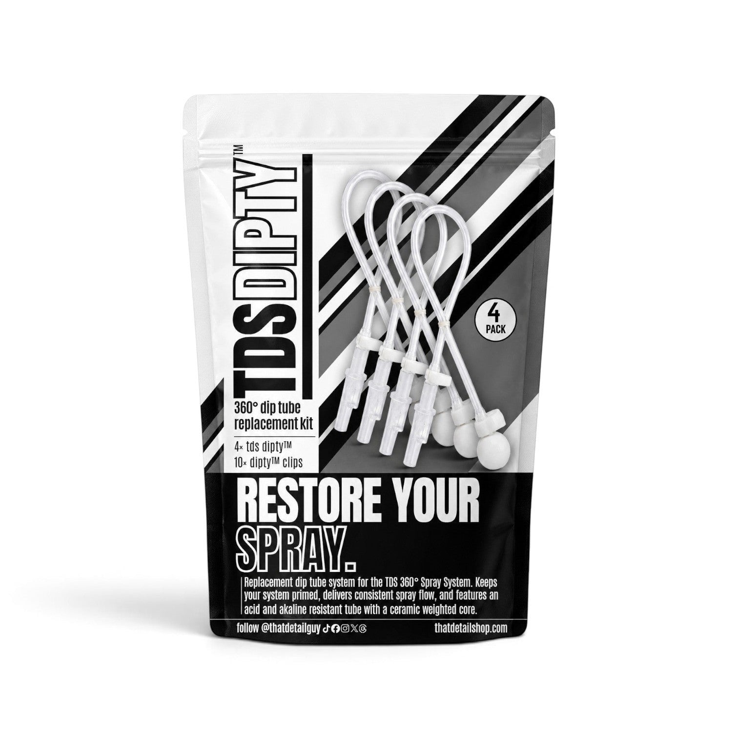 That Detail Shop TDS Dipty four pack of weighted replacement dip tubes for 360 degree spray systems in packaging.