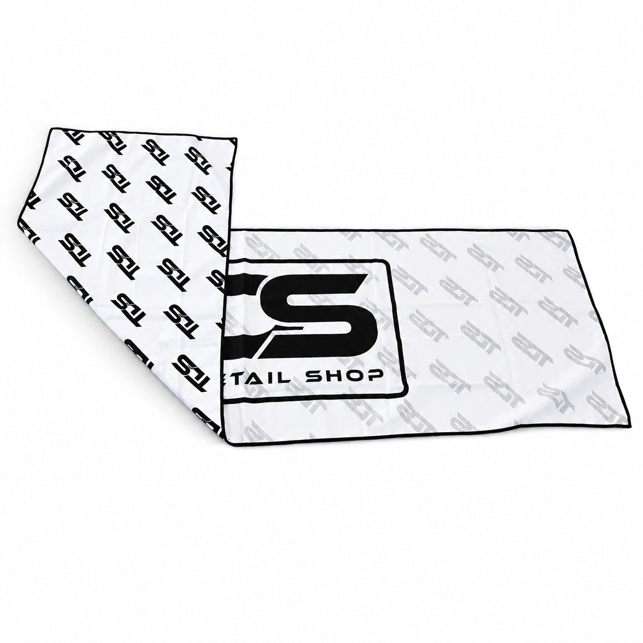That Detail Shop white lightweight cooling towel with black logo pattern and black trim for hot weather detailing