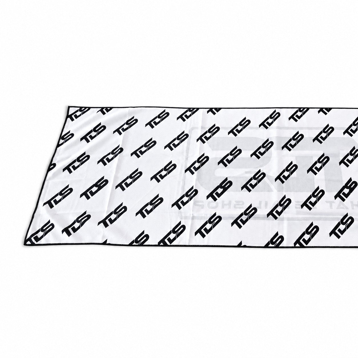 That Detail Shop white lightweight cooling towel with black TDS logo pattern for heat relief while detailing.