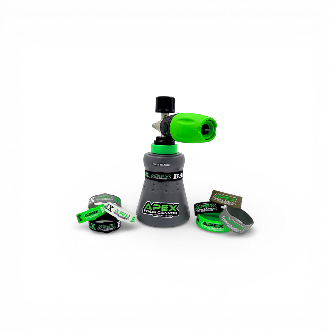That Detail Shop Apex Foam Cannon with green accents and 1L bottle. Includes ApexBand wristbands.