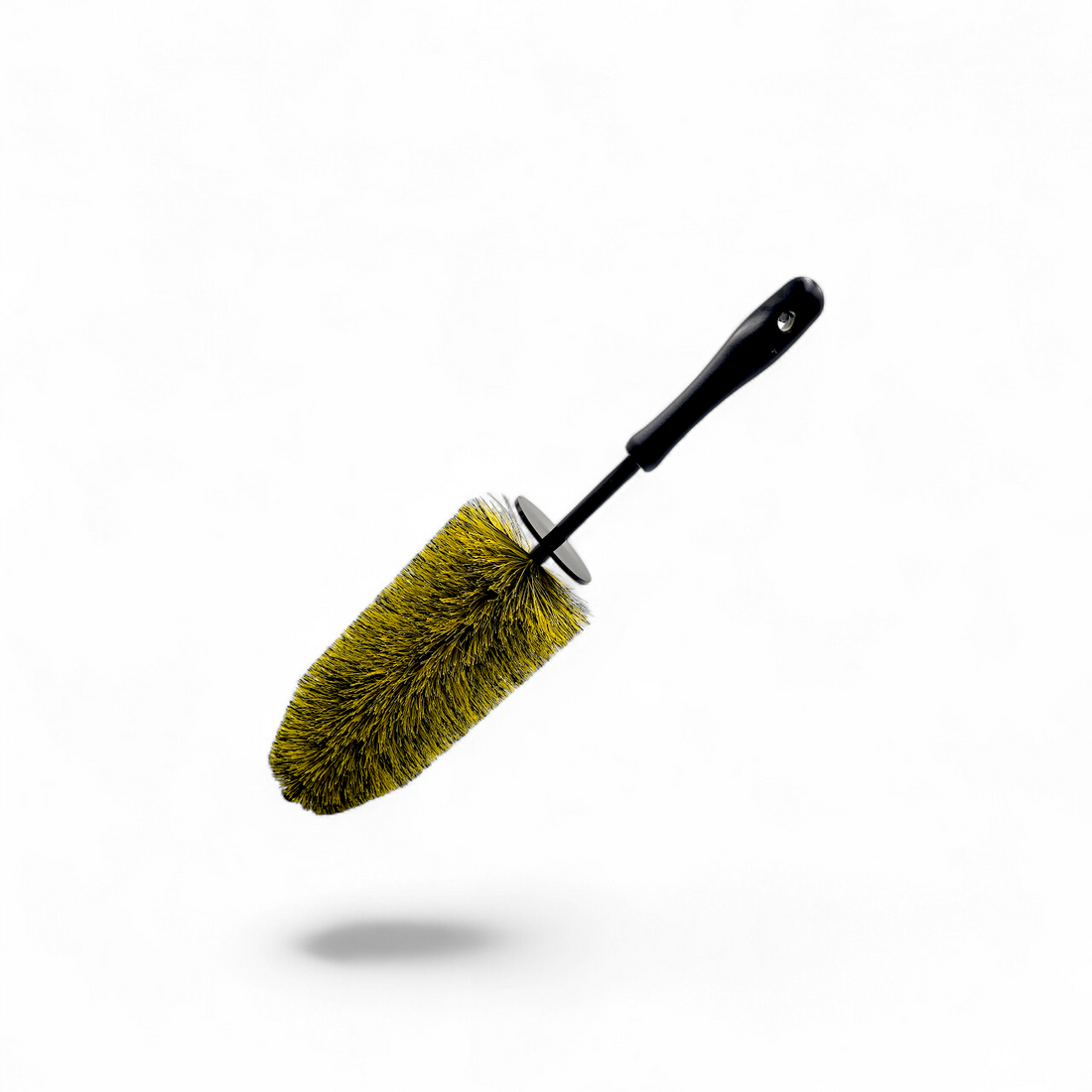That Detail Shop black and yellow barrel brush with long flexible shaft and protective rubber tip for deep wheel cleaning.