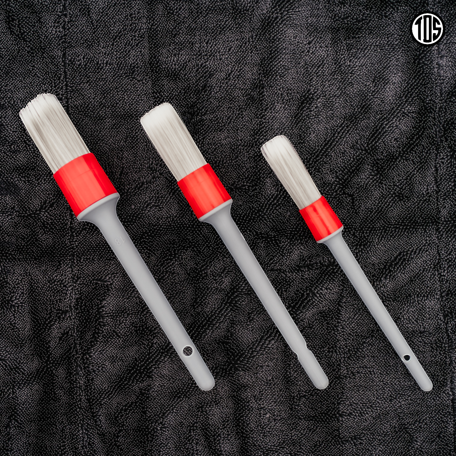 That Detail Shop TDS Interior Brush Set with soft white bristles and grey handles with red accents, set of 3.