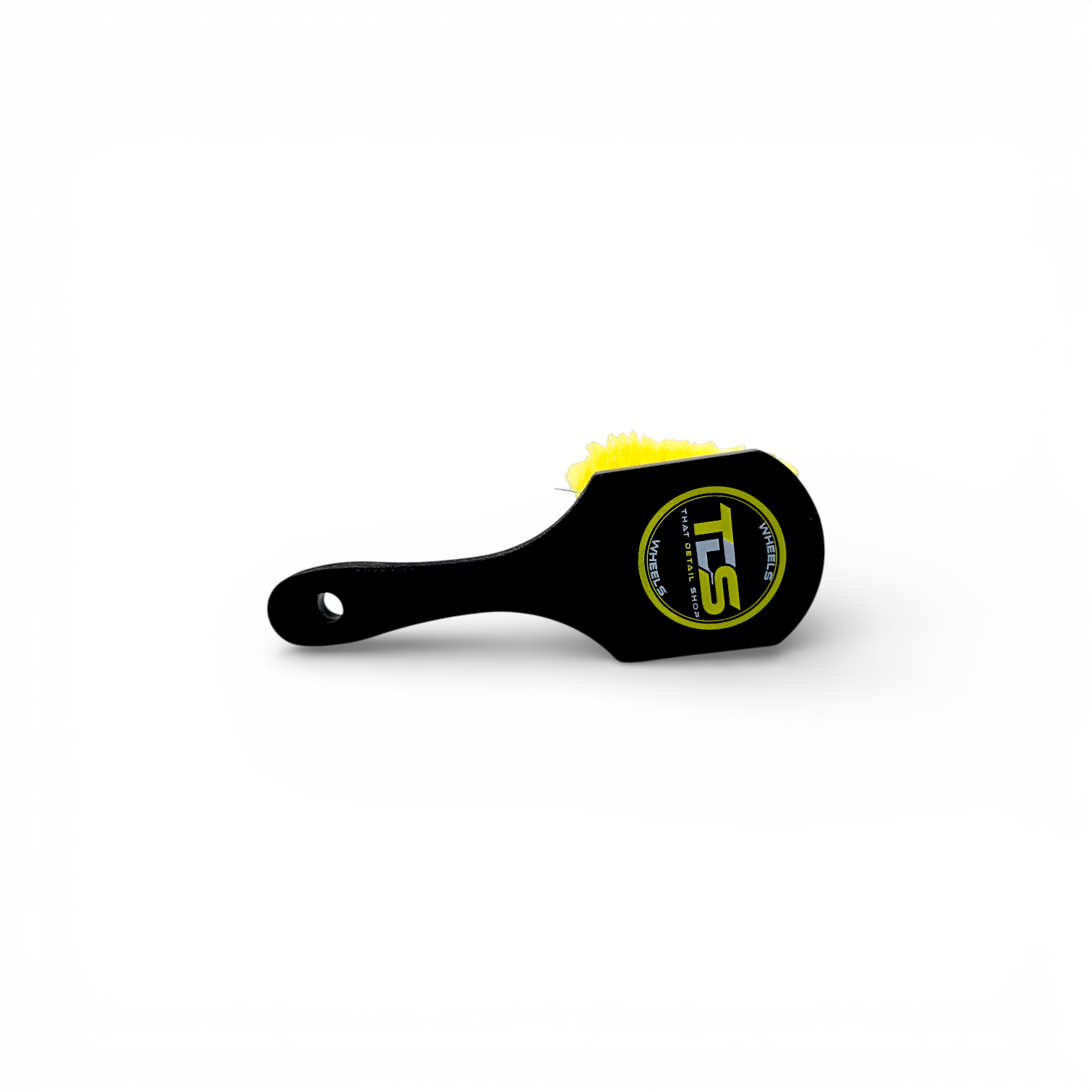 TDS tire brush black and yellow with stiff bristles and ergonomic handle for cleaning tire sidewalls