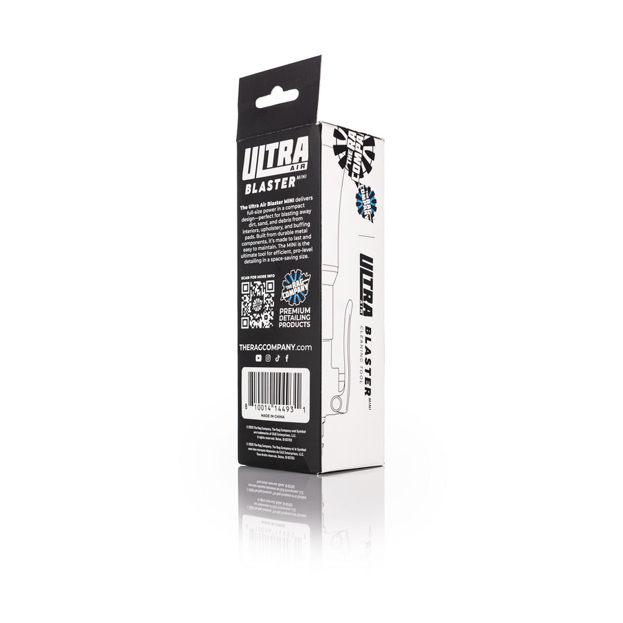 Back and side of The Rag Company ULTRA Air Blaster Mini retail box.