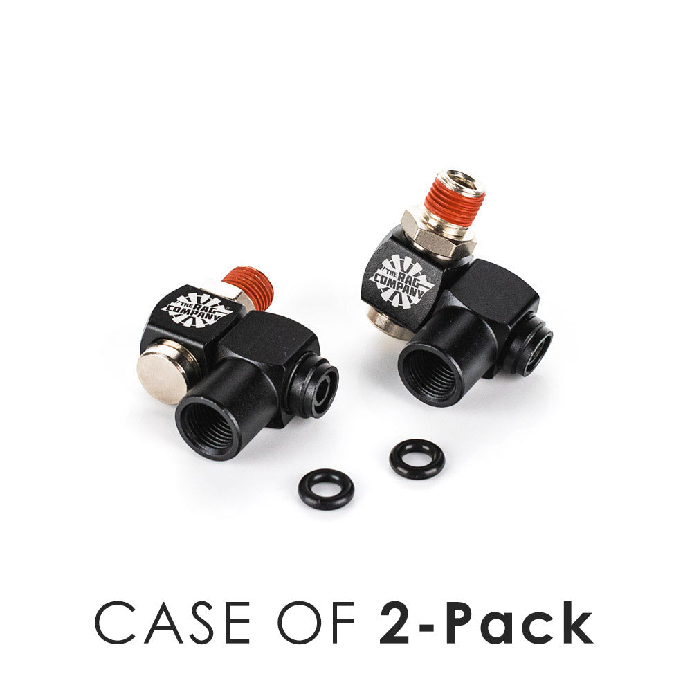 Two The Rag Company ULTRA Air Swivel fittings with rubber O-rings; supplier image is labeled CASE OF 2-Pack.